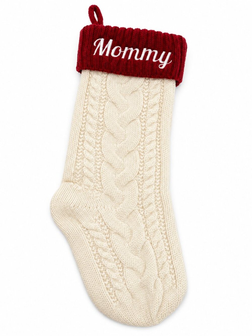 Cable Knit Mommy Embroidered Christmas Stocking in Ivory White Red